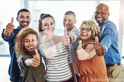 Image of Yes, thumbs up portrait and business people with diversity, winner and thank you like sign of staff. Office, happiness and success of worker group with support, teamwork and motivation for company