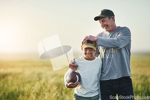 Image of Father, kid smile and rugby ball in a countryside field for bonding and fun in nature. Mockup, dad and young child together with happiness ready to start game outdoor on grass at farm with space