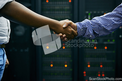 Image of Handshake, partnership or people in server room of data center worker for network help with IT support. Cybersecurity data agreement, teamwork closeup or people shaking hands in cloud computing deal