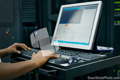 Image of Hands, technician or coding on computer in server room for big data, tech glitch or digital website at night. Support, laptop or person typing testing UX screen, programming or software development