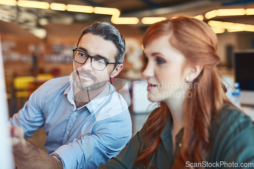 Image of Businessman, computer and coach in team collaboration for ideas, strategy or planning at the office. Man mentor coaching woman and training staff on technology in teamwork for solution at workplace