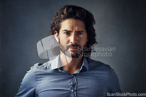 Image of Portrait, business and angry man or boss frustrated with employee, mistake or person with beard on gray studio background. Face, businessman or model, frown and mad professional corporate worker