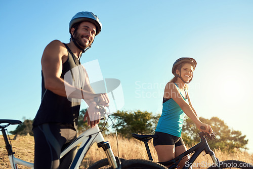 Image of Happy couple, nature ride and cycling in the mountains for fitness and exercise together. Bike wellness and young people with outdoor adventure and sports training with happiness and freedom mockup