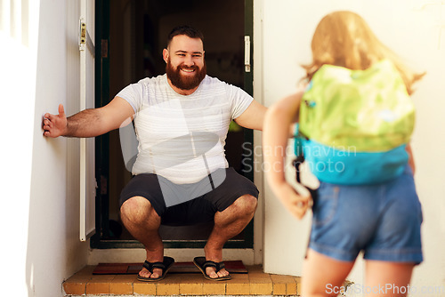 Image of Back to school, door and dad hug at home with young girl with happiness and parent love. Father care, support and smile with child together on family house porch with a greeting and kid backpack