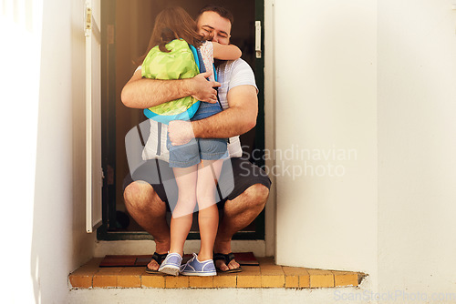 Image of Back to school, welcome and dad hug at home with young girl with happiness and parent love. Father care, support and smile with child together on family house porch with a greeting and kid backpack