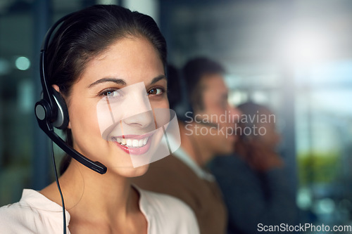 Image of Call center, woman and portrait with contact us, crm and customer service job with smile. Phone help, sale and web advice employee with happiness from telemarketing and internet work in office mockup