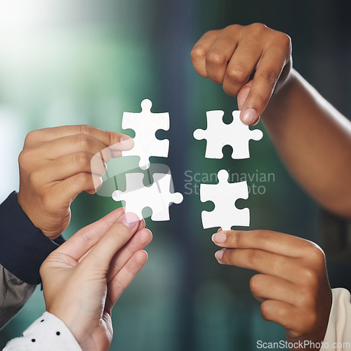 Image of People, hands or puzzle collaboration for problem solving ideas with planning, team building or strategy. Hand with jigsaw, zoom or meeting for partnership or community group with mission or solution