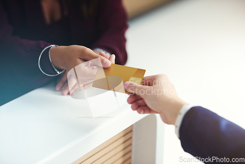 Image of Credit card payment, finance or customer hands giving store cashier or businessman money in an exchange. B2c shopping service, sales or closeup of people paying in a financial trade deal at retail