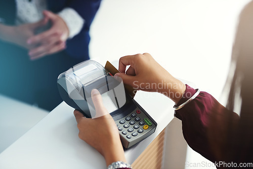 Image of Credit card payment, swipe or hands of person in mall with pos machine in a financial exchange. B2c fintech, sales services or closeup of customer paying, swiping or shopping in retail store trade