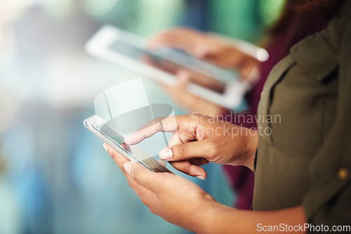 Image of Phone, closeup or hands of business people in office on social media networking, chatting or texting message. News, tablet or hand of employees scrolling or typing email online on digital mobile app