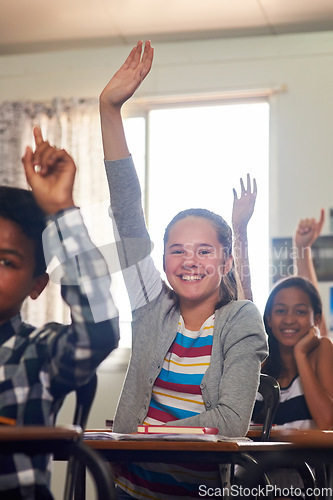 Image of Question, school and portrait of children with hands up for answer in lesson, learning and education. Classroom, knowledge and happy young students with hand raised for asking, feedback and questions