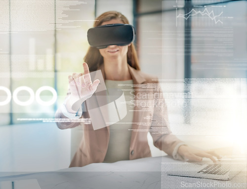 Image of Business woman, VR and analytics on overlay for future data, technology or innovation at the office. Happy female person or employee smiling in virtual reality, metaverse or futuristic dashboard