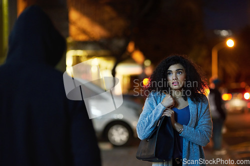 Image of Danger, woman fear and criminal in the city at night with thief and anxiety outdoor, Urban, dark and female person feeling scared with stress and terror from stalker, crime and risk of scary violence