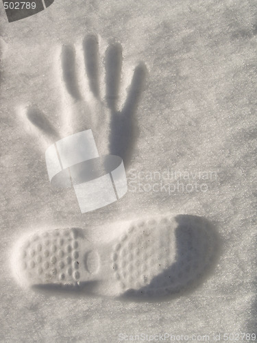 Image of Snow imprint of human hand and foot