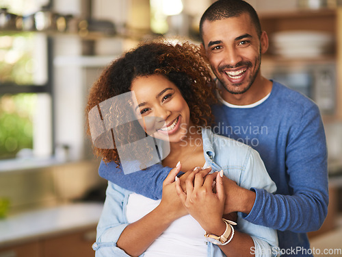 Image of Love, smile and hug, portrait of happy couple in kitchen, new home, embrace and healthy relationship. Happiness, man and woman hugging with affection, romance and marriage, young people in apartment.