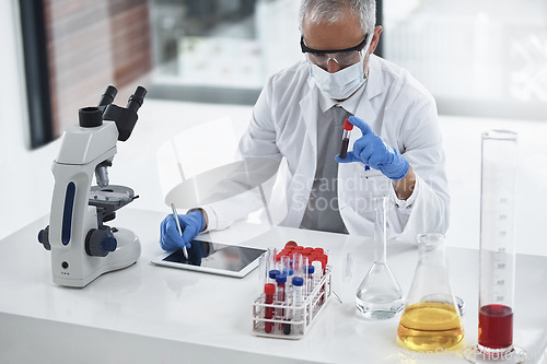 Image of Science, tablet and scientist working on blood test writing online results of medical exam in a lab or laboratory. Medicine, research and healthcare man or professional doing DNA or RNA analytics