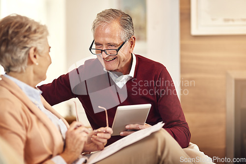 Image of Finance, insurance and tablet with an old couple in their home for retirement or pension planning. Accounting, money or investment with a senior man and woman in their house for financial budget