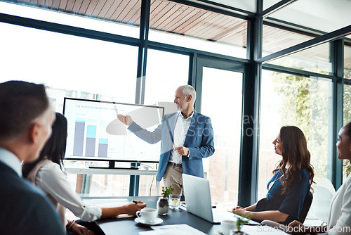 Image of Presentation, ceo and man with team, planning and sales with teamwork, strategy and brainstorming. Male person, brand and communication in a meeting, graphs and charts with profit growth and ideas