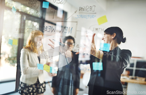 Image of Women, teamwork and pointing to notes on glass for schedule, mindmap and planning goals, agenda or objectives. Brainstorming, collaboration and presentation of ideas on window for startup innovation