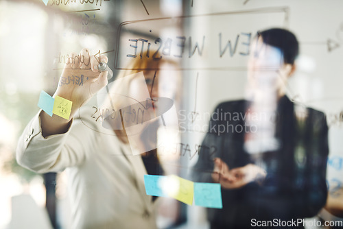 Image of Hands of business people, teamwork and glass writing on for schedule notes, mindmap and planning goals, agenda or project. Brainstorming, collaboration and workflow of ideas on window for new website