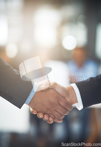 Image of Business people, handshake and closeup in office for partnership, introduction and team collaboration. Employees shaking hands in support, success and networking for opportunity, trust and thank you