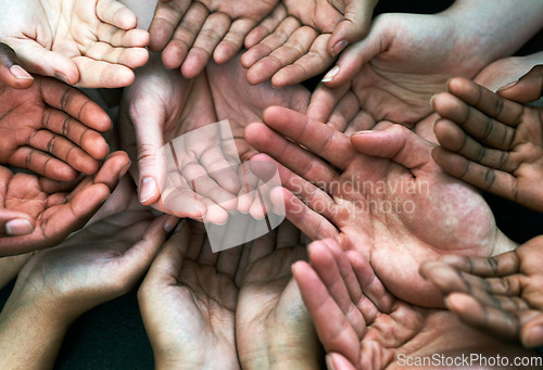 Image of Open hands support, diversity and together with community, solidarity and help. Trust, faith and charity hand gesture with people and collaboration with crowd show palm and society and commitment