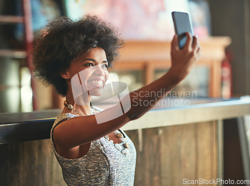 Image of Coffee shop selfie, happy and cafe woman post photo memory to social media, website or store advertising app. Customer, retail service and picture of person in startup, small business or restaurant