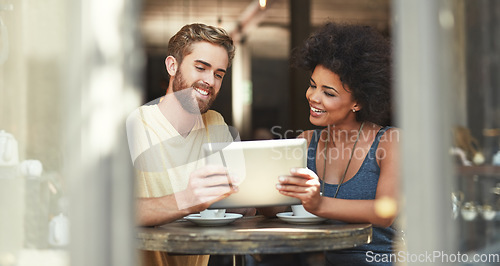 Image of Restaurant talking, tablet or happy people collaboration on project, research or customer experience report in retail cafe. Partnership, teamwork or diversity team on internet search in coffee shop