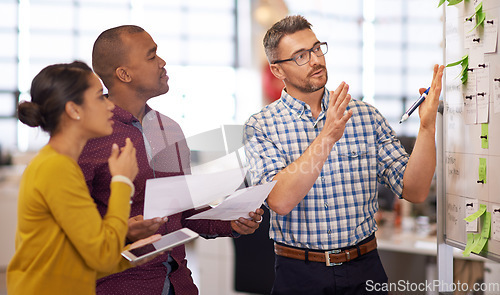 Image of Whiteboard, teamwork plan and business people with strategy and speaking in a office. Startup, company training and creative writing group with communication and vision with ideas and seo report