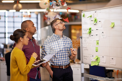 Image of Whiteboard, thinking and business people with optimisation strategy in a office. Startup, company training and creative writing group with communication and vision with ideas and writer sticky notes