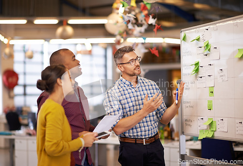 Image of Whiteboard, manager plan and business people with strategy and speaking in a office. Startup, company training and creative writing group with communication and vision with ideas and seo report