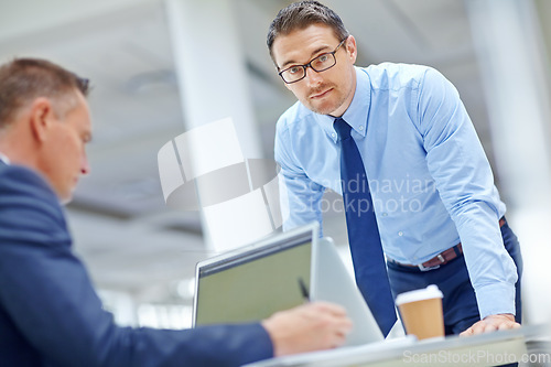 Image of Office laptop, team and portrait of businessman review finance portfolio, stock market database or investment. Economy, crypto research or male person working on stocks, cryptocurrency or NFT trading
