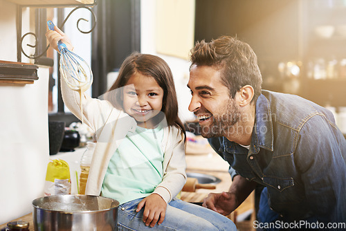 Image of Pancakes, breakfast and cooking with father and daughter in kitchen for smile, bonding and learning. Food, morning and helping with man and young girl in family home for baking, support and nutrition