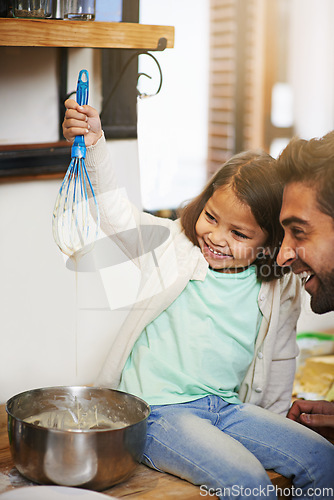 Image of Cooking, morning and father with daughter in kitchen for pancakes, bonding and learning. Food, breakfast and helping with man and young girl in family home for baking, support and teaching nutrition