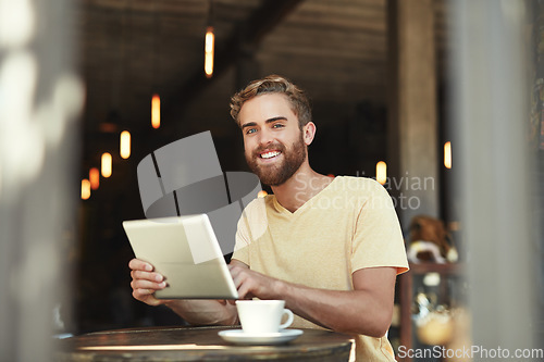 Image of Cafe portrait, tablet and happy man, customer or freelance worker doing online project, research or report article. Scroll, smile or person work on restaurant insight, data or store sales statistics