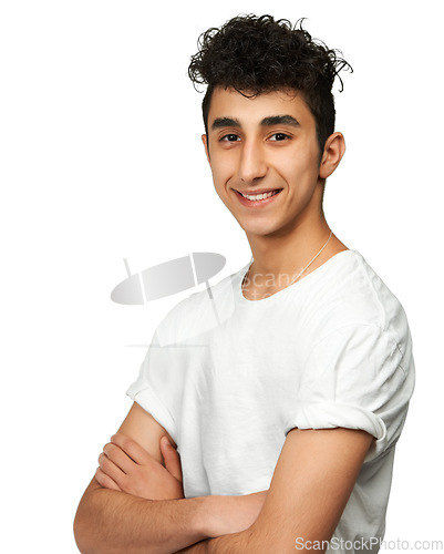 Image of Fashion, confident and portrait of man in studio with smile, happiness and pride on white background. Crossed arms, happy and face of isolated young male person in trendy casual clothes in Armenia