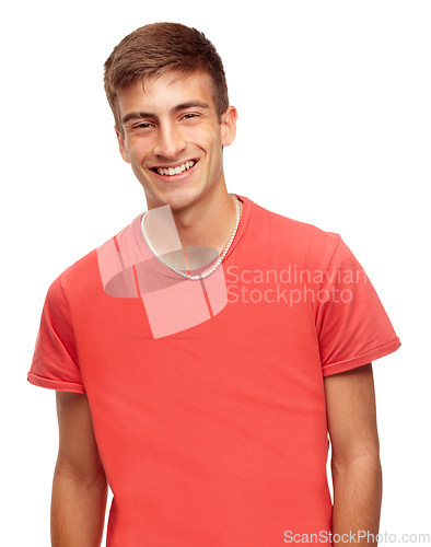 Image of Fashion, smile and portrait of man in studio with confidence, attractive and pride on white background. Happy, confident and face of isolated handsome young male person with trendy casual clothes