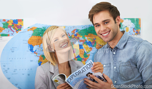 Image of Travel agency brochure, office portrait or happy people reading magazine, sightseeing service or planning global trip. Tour book, teamwork or business team collaboration on holiday destination advice