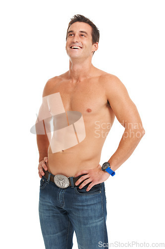 Image of Man, body and laugh with muscle, jeans or fitness for clothes, wellness or health by white background. Isolated, bodybuilder and vision for development, growth or shirtless fashion by studio backdrop