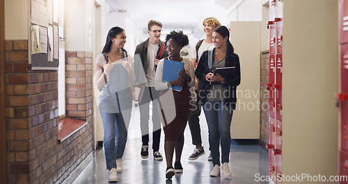 Image of Happy, school diversity and students in a hallway for education, learning and talking. Smile, conversation and friends speaking while walking to class from a break and studying together as a group