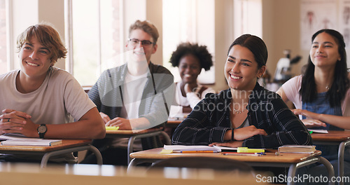 Image of Education, university and students sitting in a classroom for learning, studying or future development. School, college and scholarship with a group of pupils in class lecture together to learn