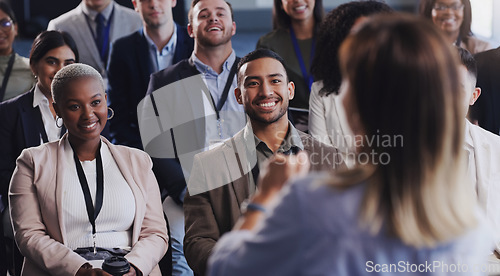 Image of Audience, conference and business people listening to speaker at a seminar, workshop or training. Diversity men and women crowd at a presentation for learning, knowledge and corporate discussion