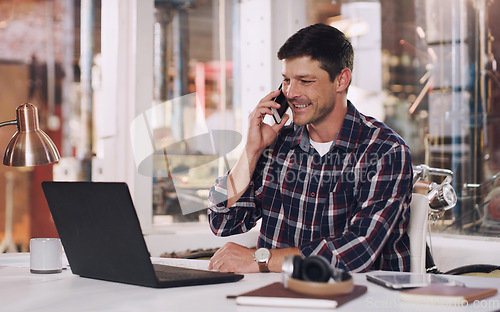 Image of Phone call, laptop and male carpenter in the workshop doing research for a carpentry project. Communication, technology and man industrial worker on a mobile conversation working in warehouse office.