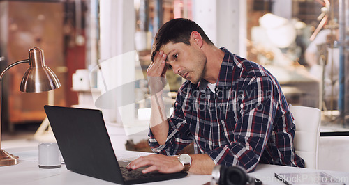 Image of Headache, tired and a man with a laptop and stress from an email, project or communication. Frustrated, anxiety and a businessman reading a chat on a computer about a mistake or work fail in office