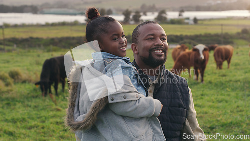 Image of Happy, farming and father and child on a farm for sustainability, cattle and agriculture. Smile, African and a girl kisd learning about animals in the countryside for sustainable business and freedom