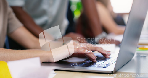 Image of Laptop, hands and closeup of woman typing while working on a corporate project in the office. Technology, professional and female employee doing research on a computer with a keyboard in workplace.