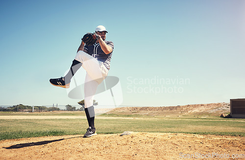 Image of Pitch, sports and baseball with man on field for competition, training and games. Action, exercise and championship with male athlete throwing in stadium park for fitness, performance and club