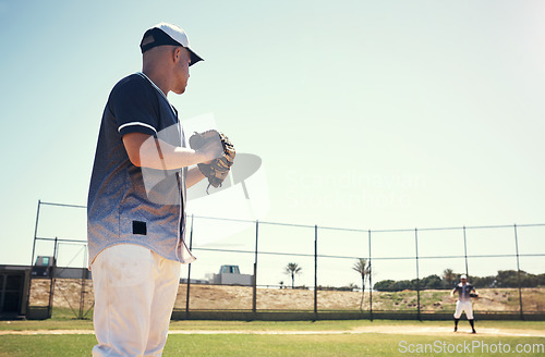 Image of Pitch, sports and games with man on baseball field for competition, training and performance. Action, exercise and championship with male athlete in stadium park for fitness, practice and club space