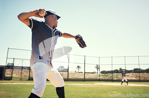 Image of Pitch, sports and training with man on baseball field for competition, performance and games. Action, exercise and championship with athlete throwing in stadium park for fitness, practice and club