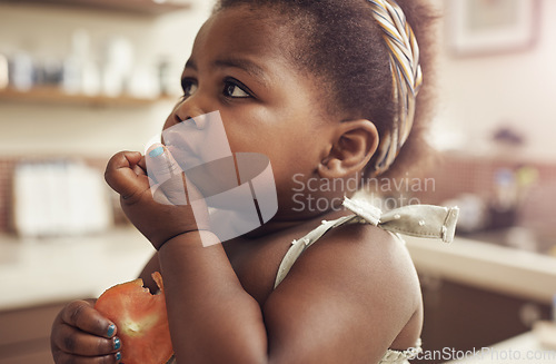 Image of Black child, tomato and eating baby in a home kitchen with food and fruit at breakfast. African girl, nutrition and youth in a house with hungry kid feeling relax with natural, healthy snack for kids